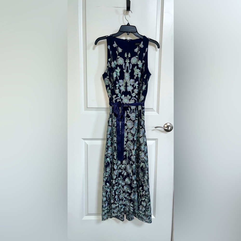 Tahari Floral Metallic Embroidered
Midi Dress In Navy Mint Floral